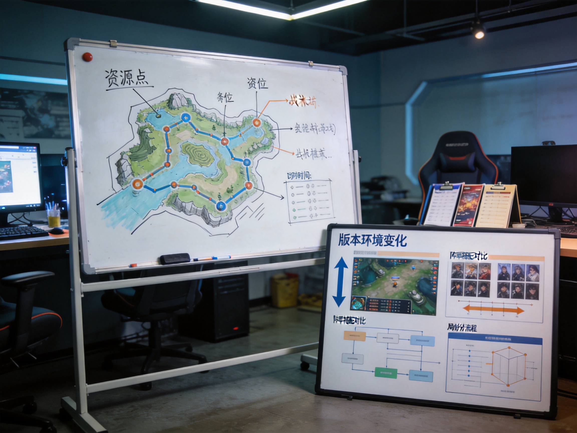 电竞战术分析白板上绘制的地图与战术走位示意